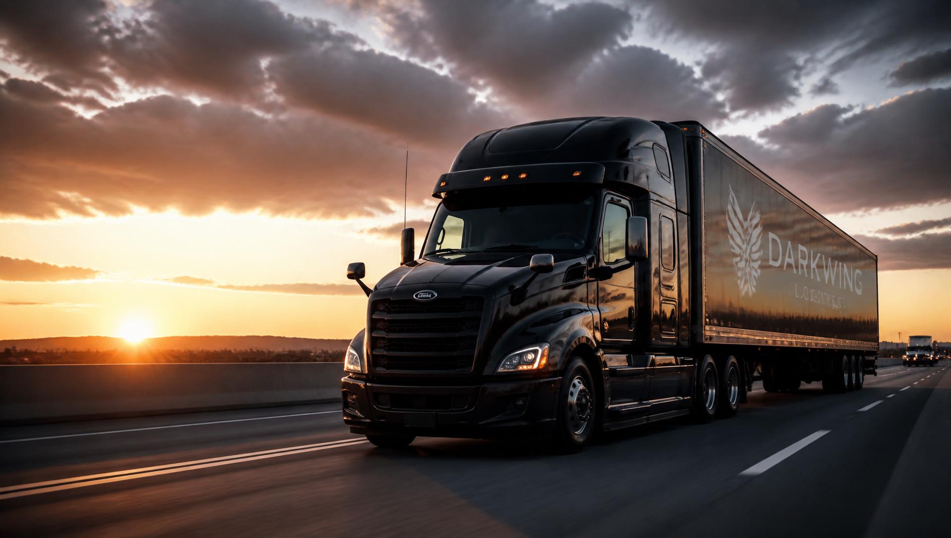 Modern semi-truck on U.S. highway at sunset